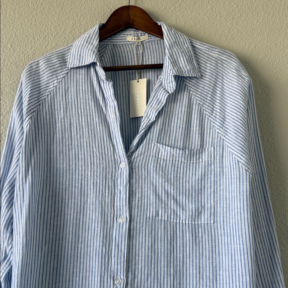 Z Supply The Perfect Line Top Bay Blue Striped Linen Blend Button Down M - Picture 3 of 10